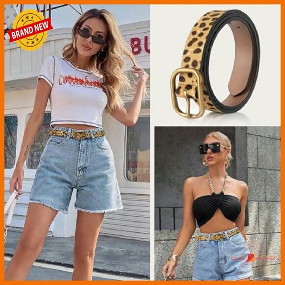 Genuine Leather Leopard Print Belt with Needle Buckle for Women